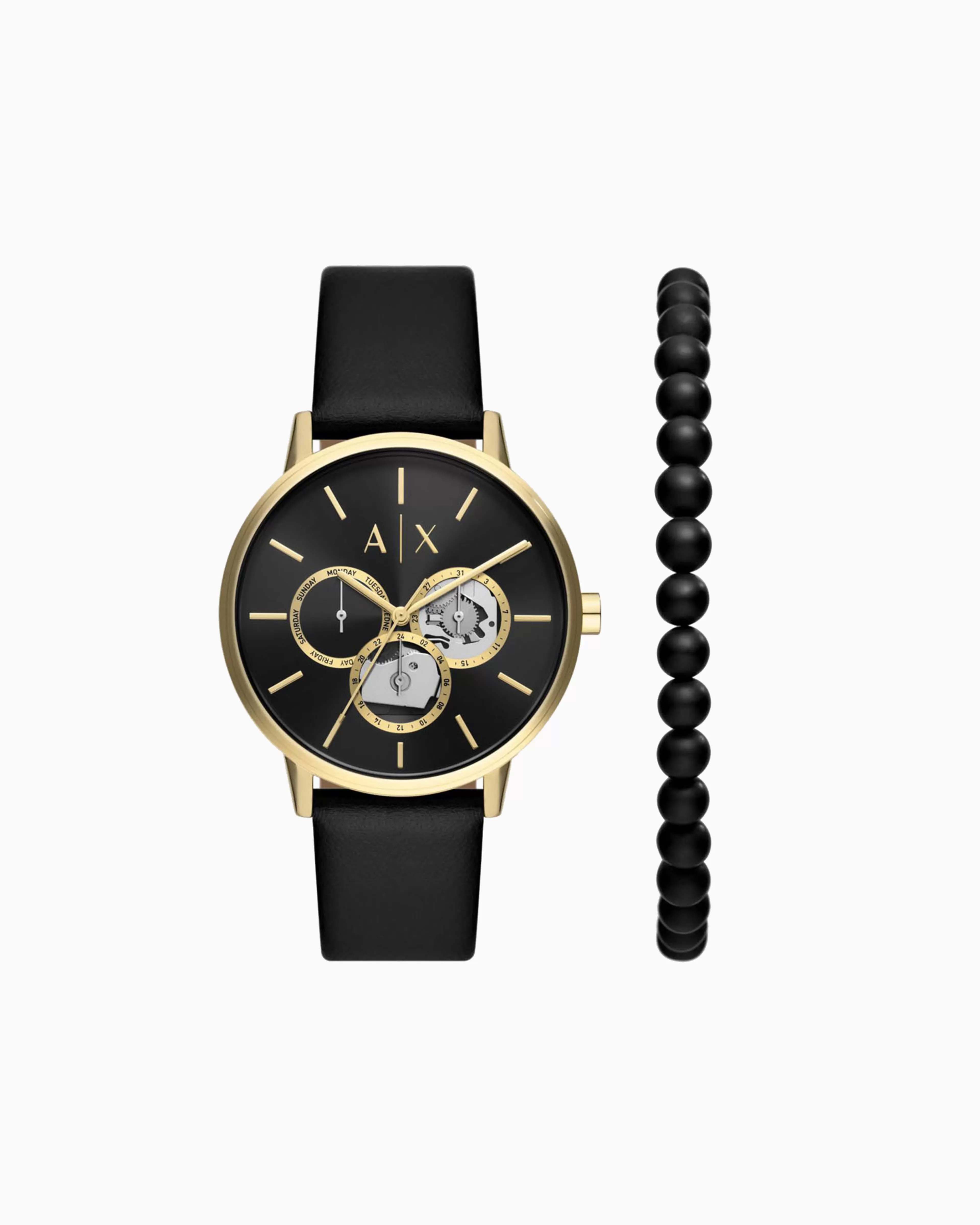 Armani Exchange Black leather multifunction watch and black onyx beaded bracelet set* Man