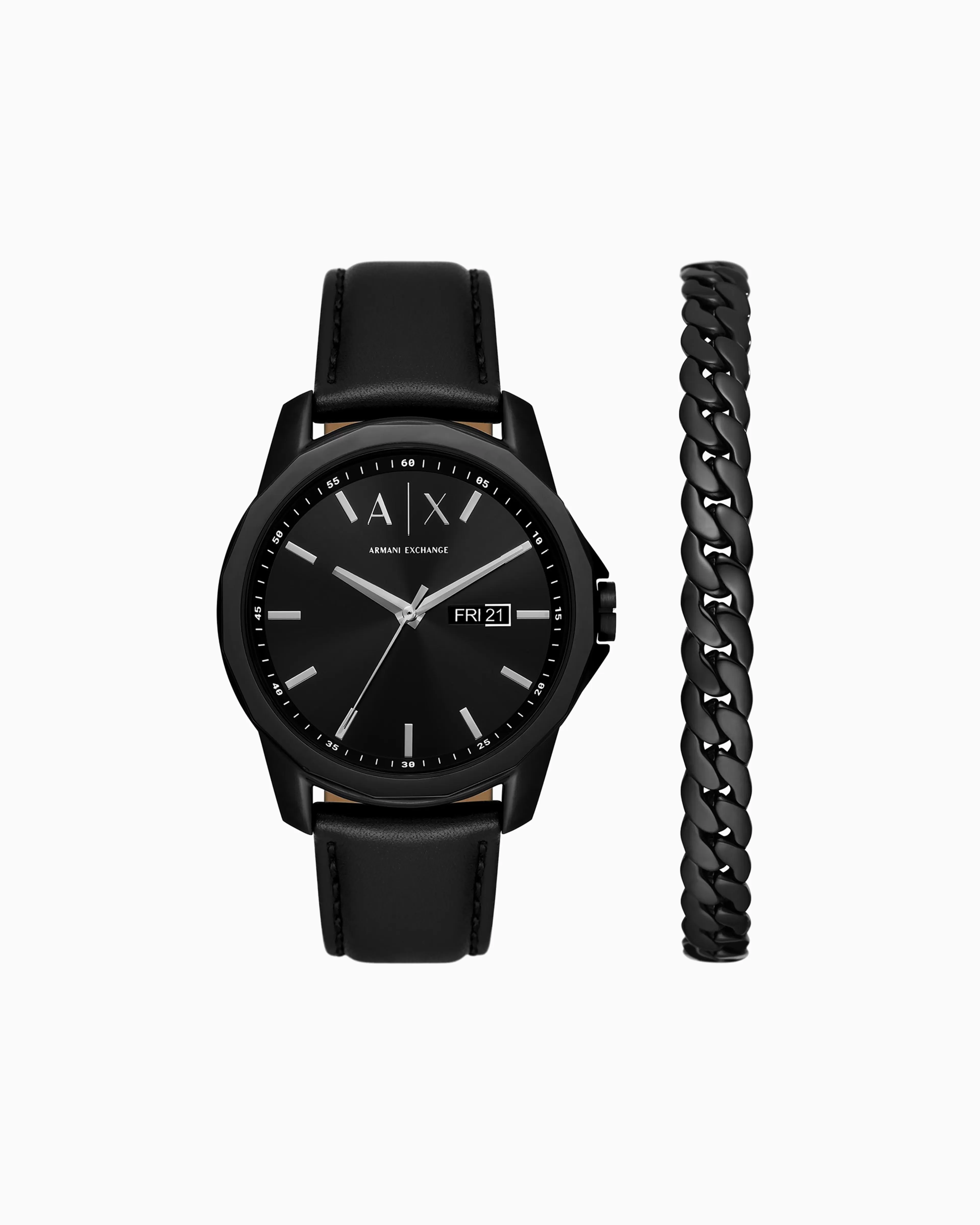 Armani Exchange Black leather watch with three-hand date display and black stainless steel bracelet* Man