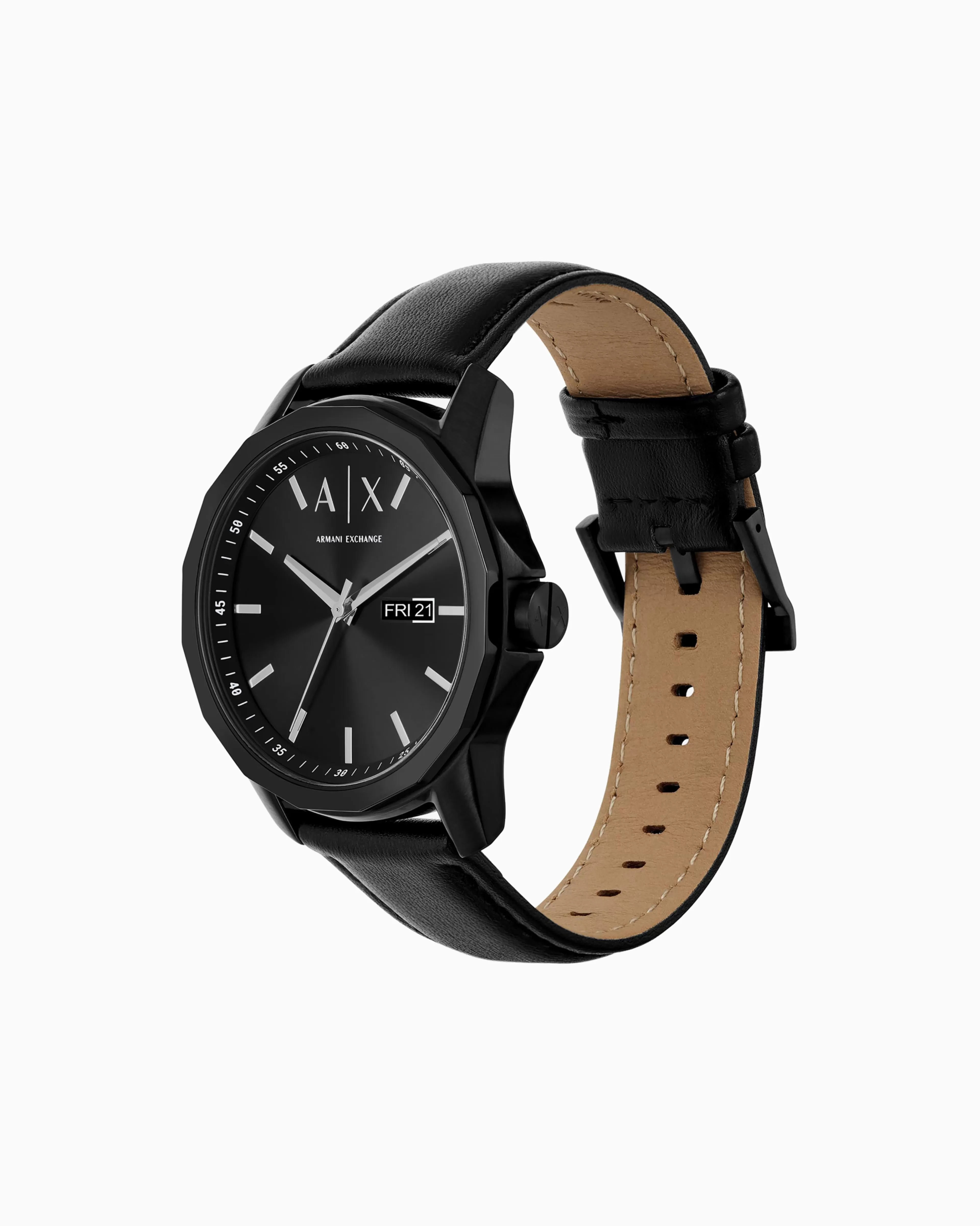 Armani Exchange Black leather watch with three-hand date display and black stainless steel bracelet* Man