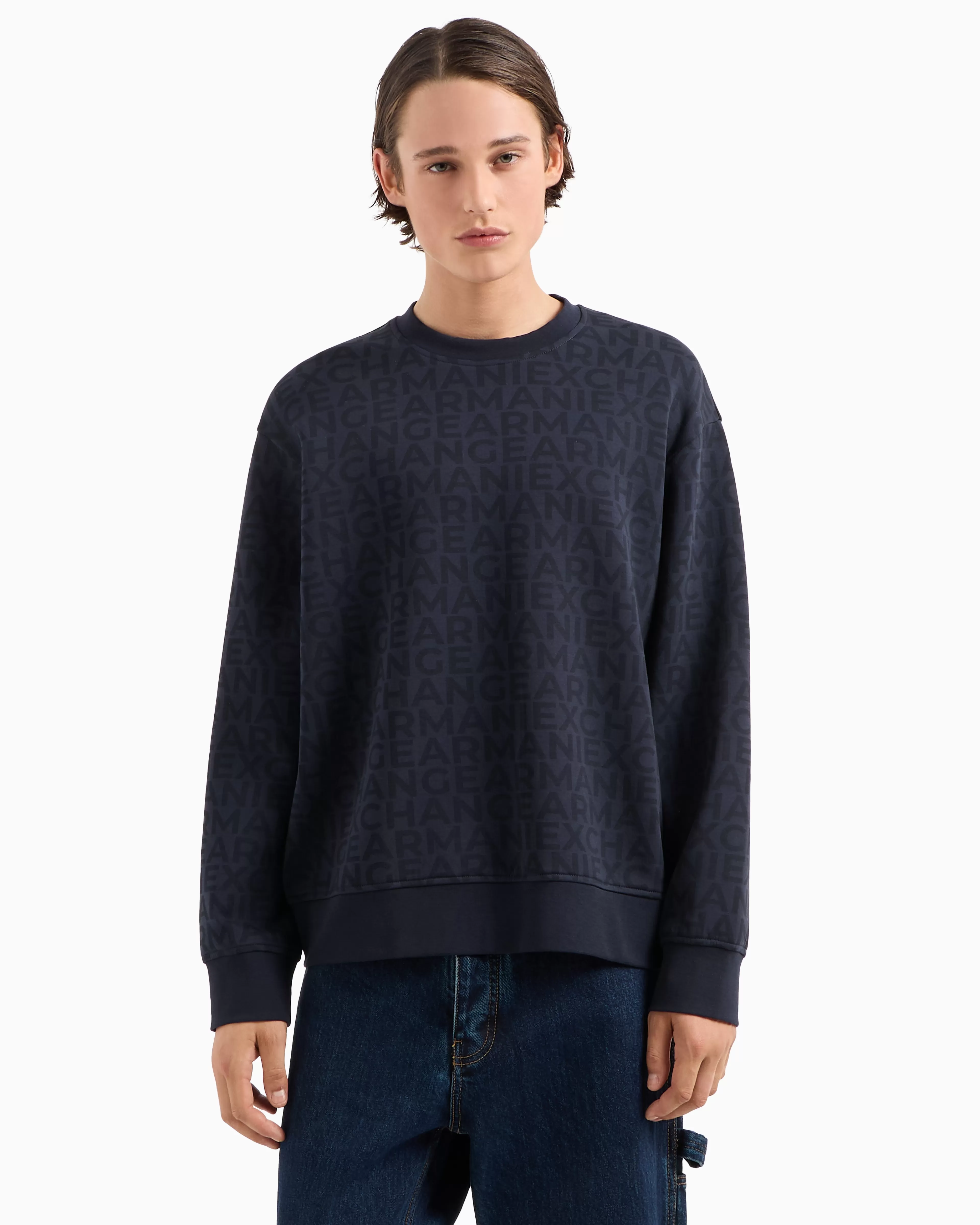 Armani Exchange Crewneck sweatshirt in bonded cotton with allover tone-on-tone logo* Sweatshirts