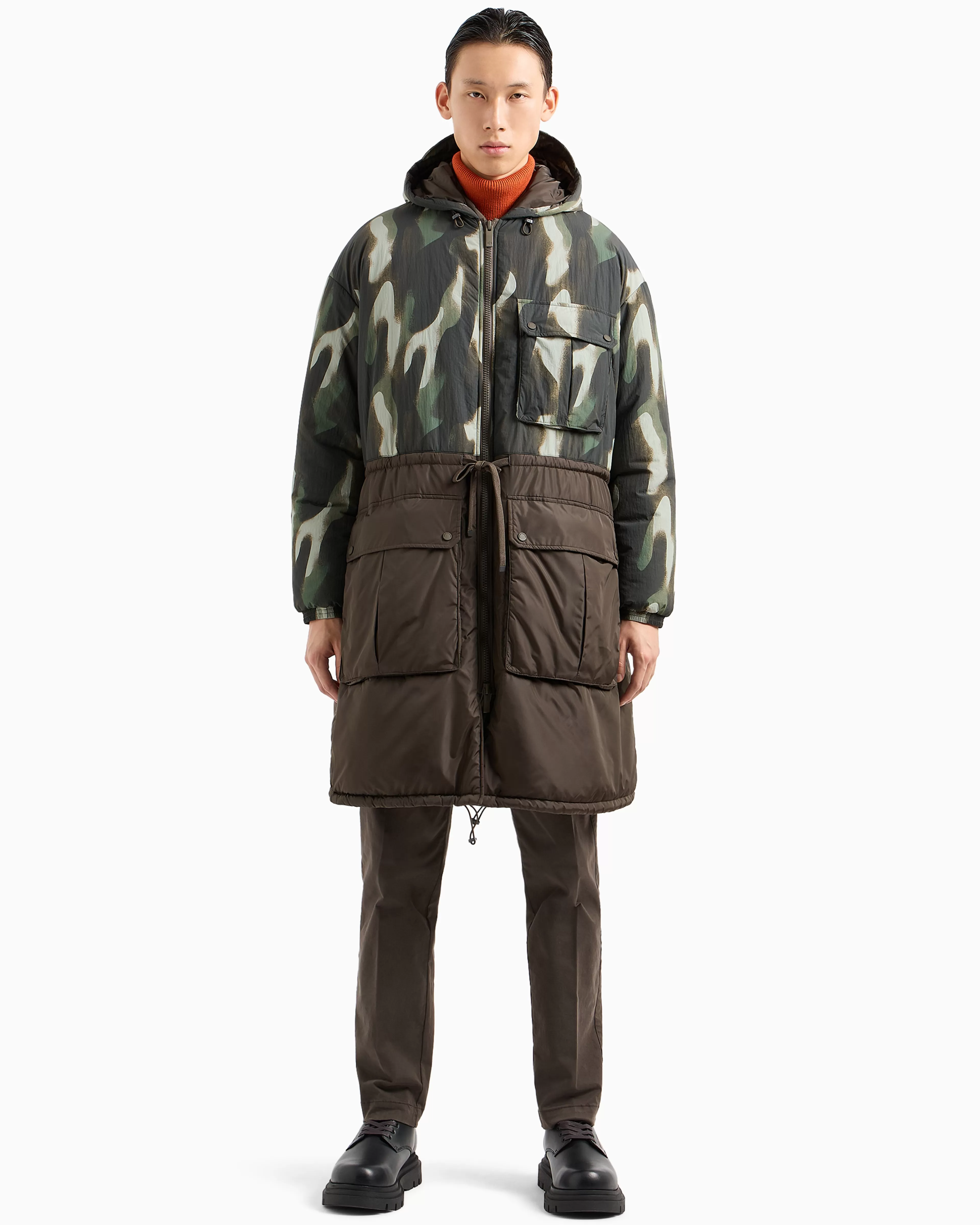 Armani Exchange Crinkle Camou Nylon Hooded Parka* Outerwear