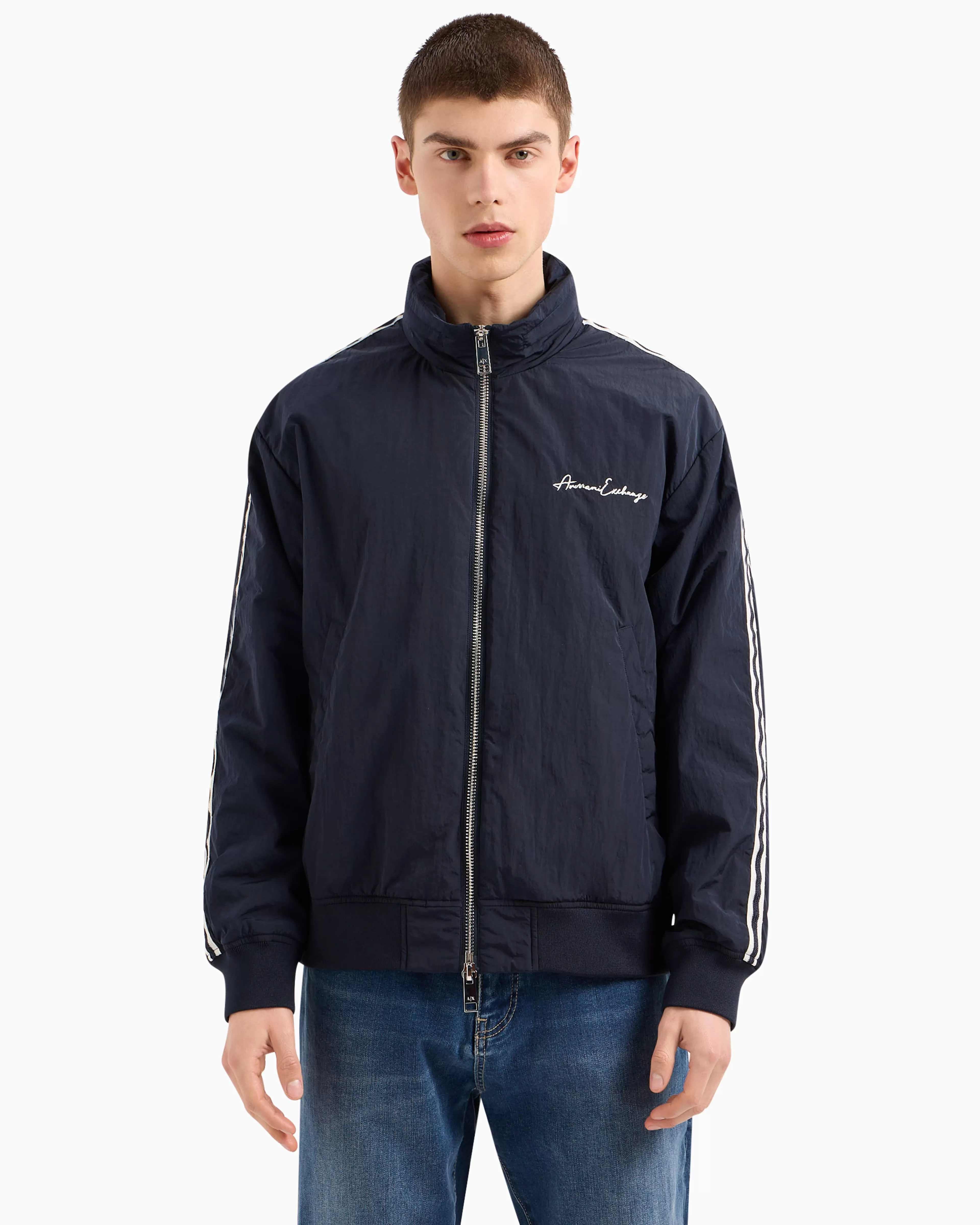 Armani Exchange Full zip blouson in crinkle fabric with logo on the chest* Shirts And Tops