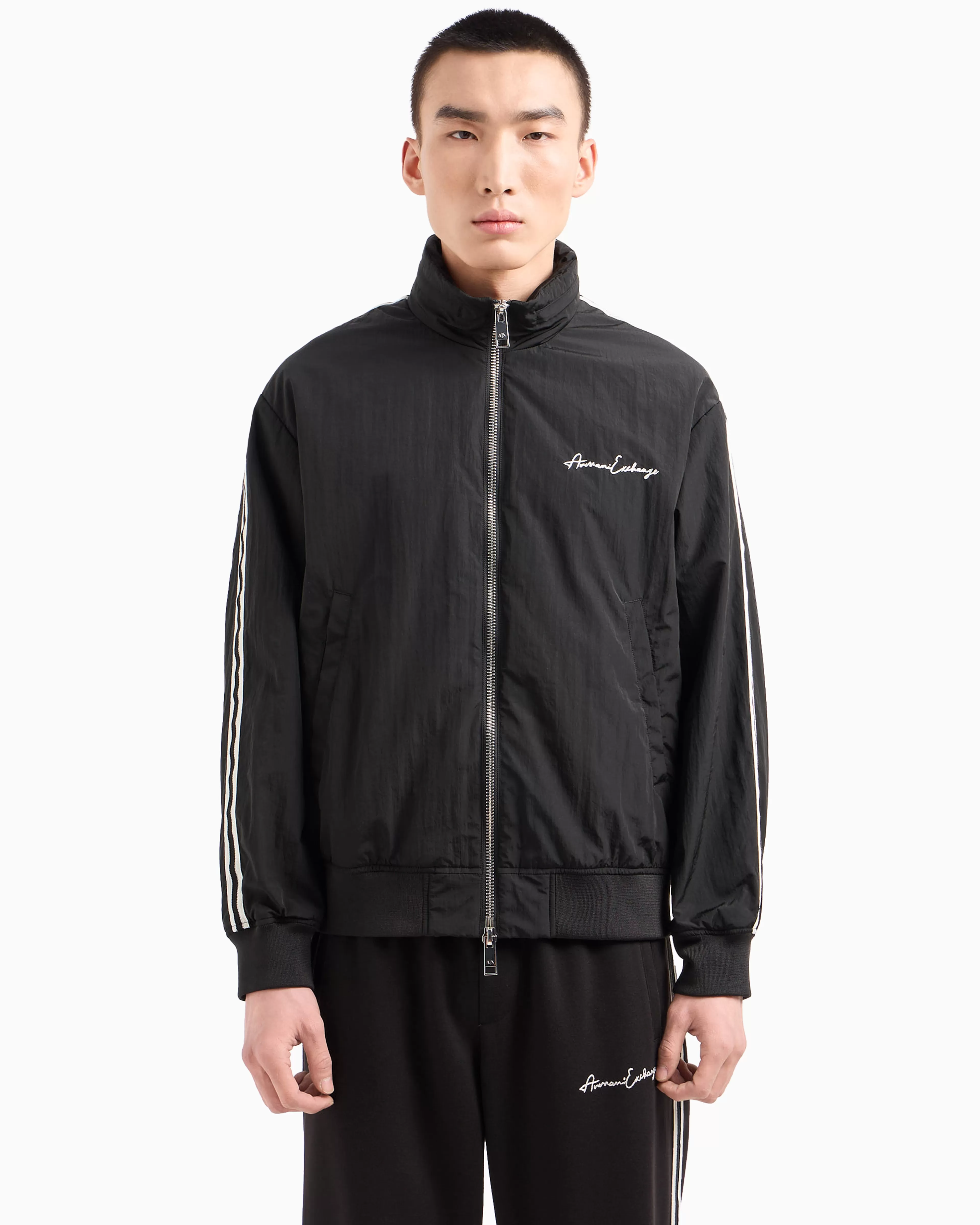 Armani Exchange Full zip blouson in crinkle fabric with logo on the chest* Essentials | Outerwear