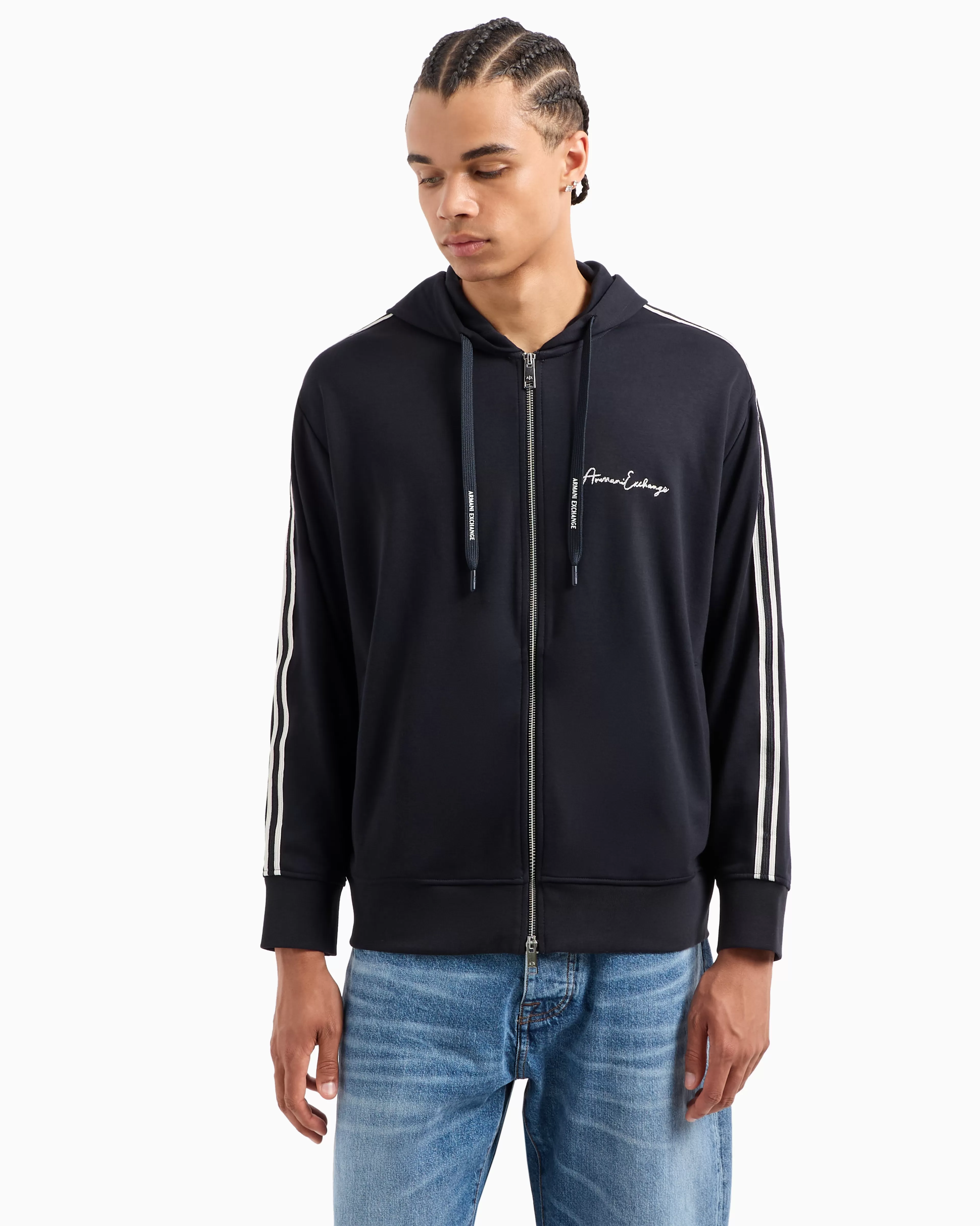 Armani Exchange Full zip sweatshirt in bonded cotton with bands on the sleeves* Essentials | Sweatshirts