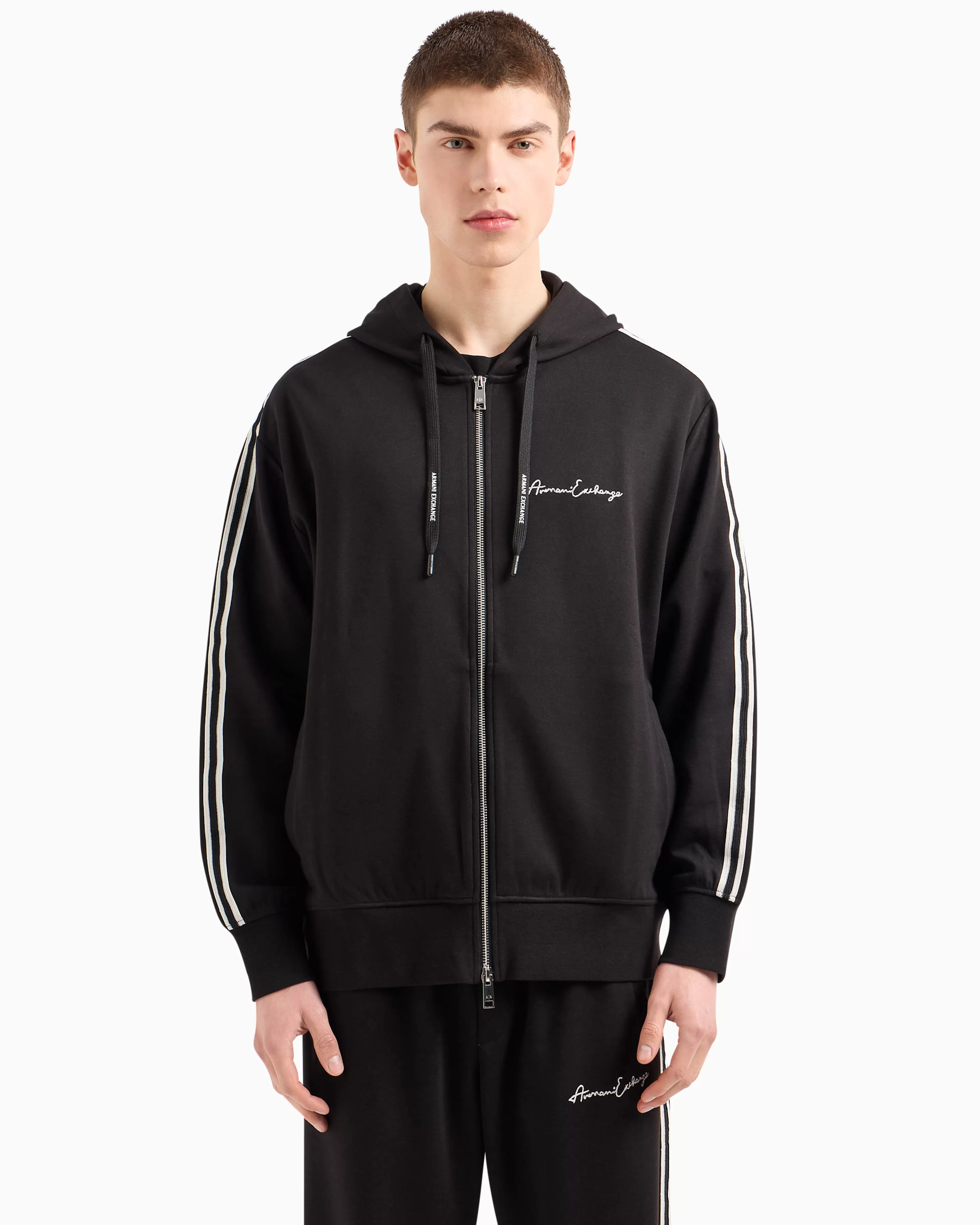 Armani Exchange Full zip sweatshirt in bonded cotton with bands on the sleeves* Essentials | Matching Sets